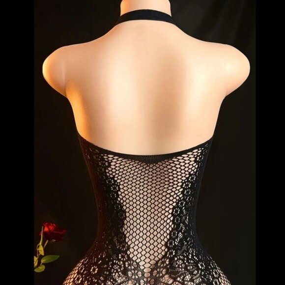 Black Floral Pattern Fishnet Bodysuit - Picture 6 of 7
